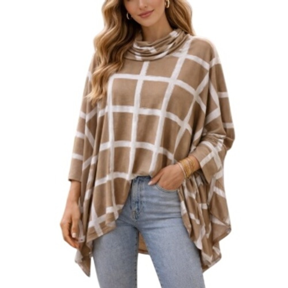 Alfani Women's Tan White Grid Print Turtleneck Poncho Sweater Top Size L NWT